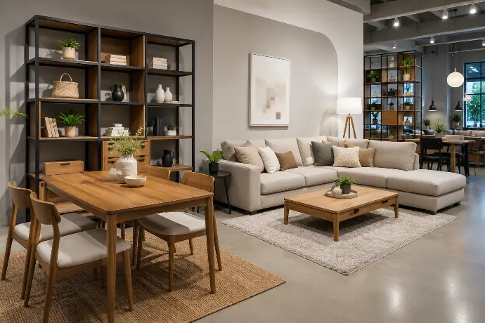 Philippine furniture showroom displaying a condo-sized sectional sofa, compact four-seater dining set, and modular bookshelf in a styled vignette..