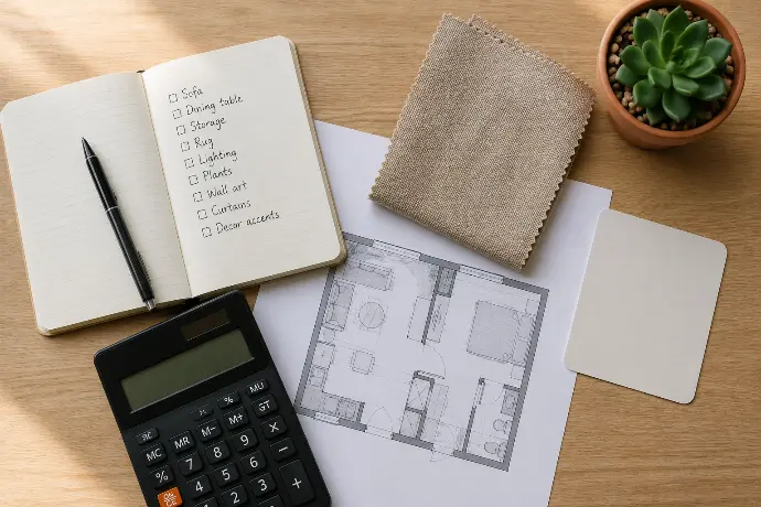Top-down flat lay of a condo furnishing budget plan with an open notebook, calculator, printed floor plan, fabric swatch, paint chip, and small succulent.