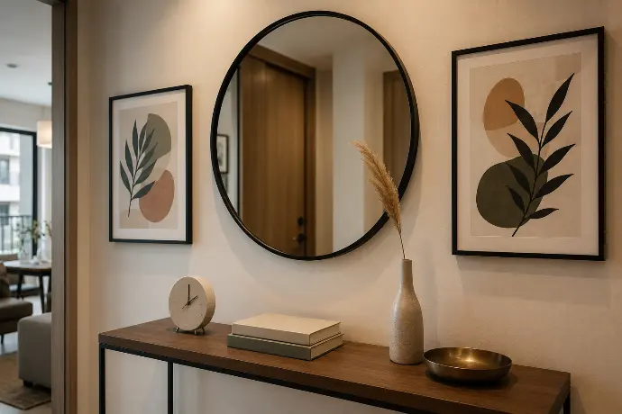Styled wall in a Filipino condo with a large round mirror above a slim console table, flanked by framed botanical prints, a ceramic clock, and decor accents.