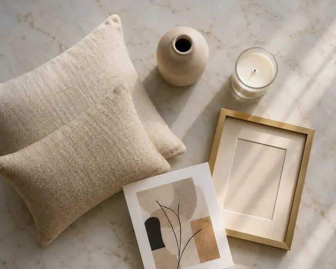 Flat lay of international high-street home decor: linen throw pillows in cream and oatmeal, ceramic vase, scented candle, gold picture frame, and abstract art print on a marble surface.