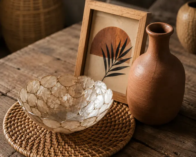 Handmade Filipino home decor on a rustic wooden table, including a woven rattan placemat, capiz shell bowl, hand-thrown terracotta ceramic vase, and small wooden frame with abstract artwork.