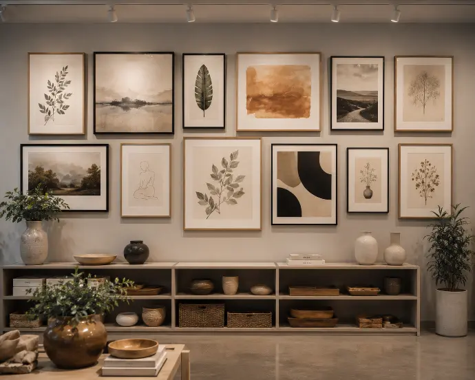 Home decor store wall display showing rows of framed botanical, abstract, and minimalist art prints in mixed sizes on a light gray wall.