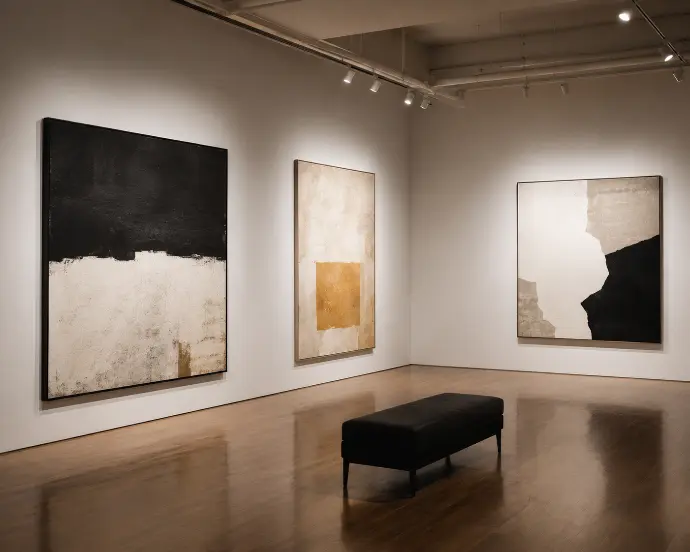 Minimalist contemporary art gallery interior in Manila with three large abstract paintings on white walls and a black gallery bench in the center.