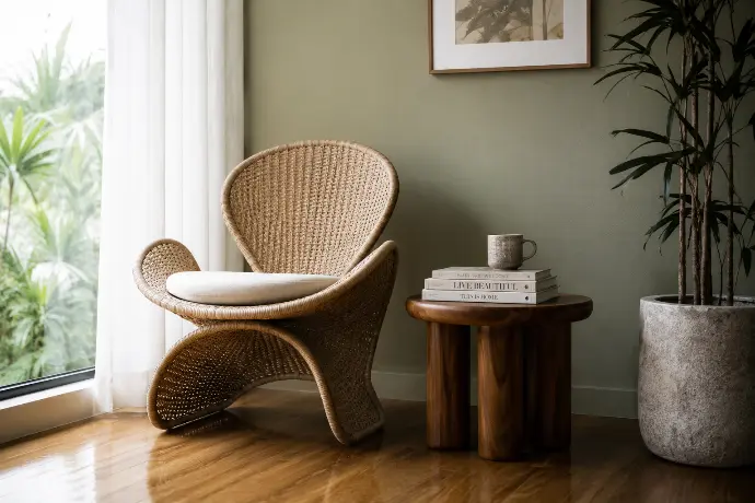 Sculptural woven rattan armchair in a modern Filipino interior beside a low wooden side table with design books and a ceramic mug.