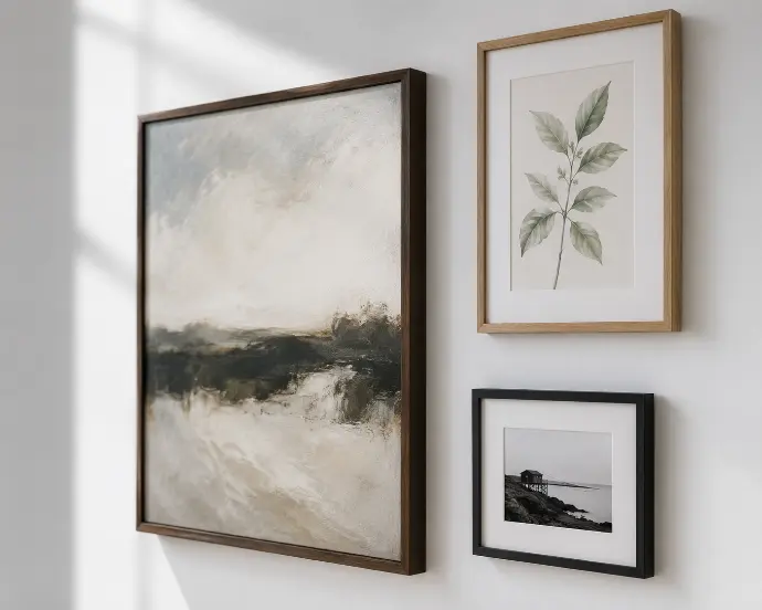 Three custom-framed artworks in mixed frame finishes — dark wood, natural wood, and matte black — displayed on a clean white wall.