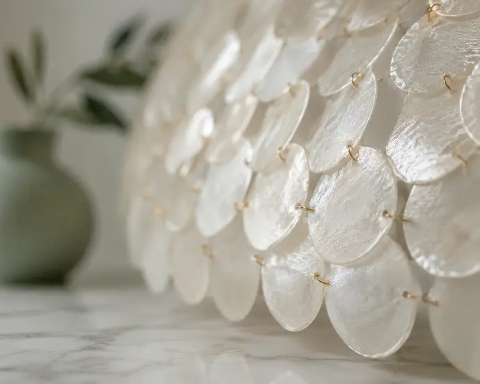 Macro close-up of a handcrafted capiz shell decorative piece showing translucent pearly texture, with sage green and cream background.