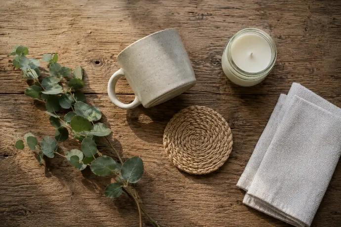 Flat lay of handmade Filipino decor: cream stoneware ceramic mug, woven abaca coaster, eucalyptus sprig, hand-poured candle, and linen napkin on a rustic wood table.
