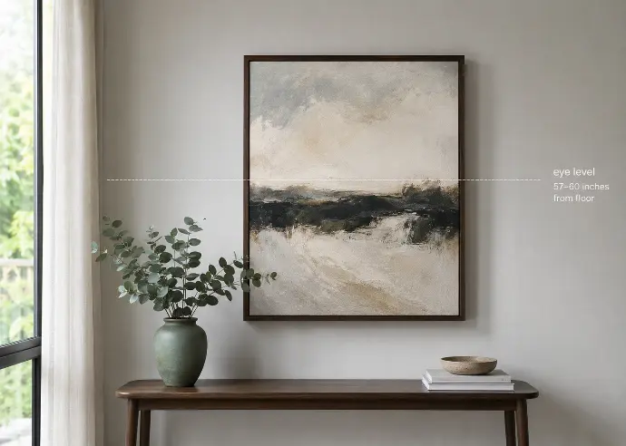 Single large framed abstract artwork centered at eye level above a slim wooden console table in a modern Filipino interior with sage green and eucalyptus accents.