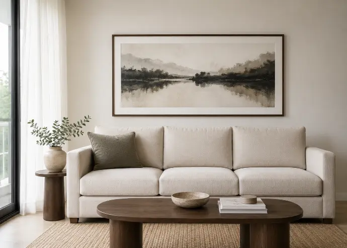 Horizontal framed art piece centered above a neutral oatmeal three-seater sofa, spanning two-thirds the sofa width with 20 cm clearance above the sofa back.