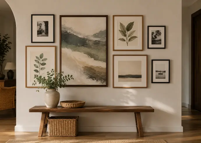 Salon-style gallery wall with seven mixed-size framed pieces in black and natural wood frames arranged on a light beige wall above a slim wooden bench.