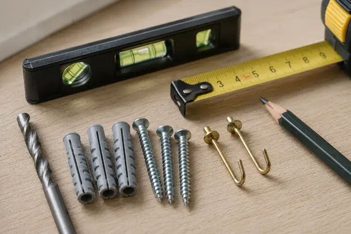 Wall hanging hardware close-up showing a masonry drill bit, plastic anchors, masonry screws, hardwall pin hooks, pencil, level, and measuring tape on a wood surface.