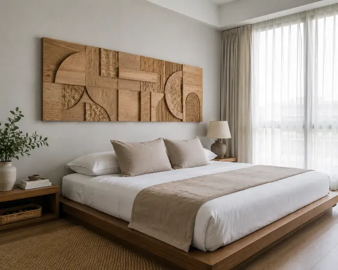 Wide horizontal 3D wall art piece in natural wood and woven abaca mounted above a low platform bed in a modern Filipino condo bedroom, replacing a traditional headboard.