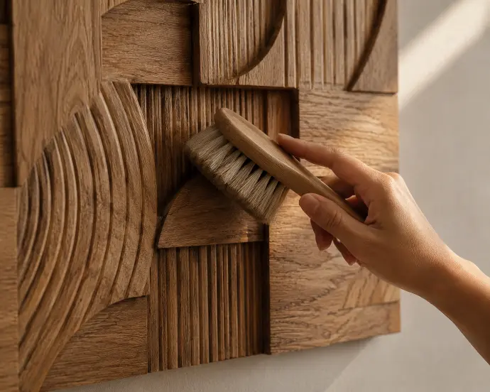 Hand using a soft natural-bristle brush to gently dust a textured carved wood 3D wall art piece in a Filipino home.