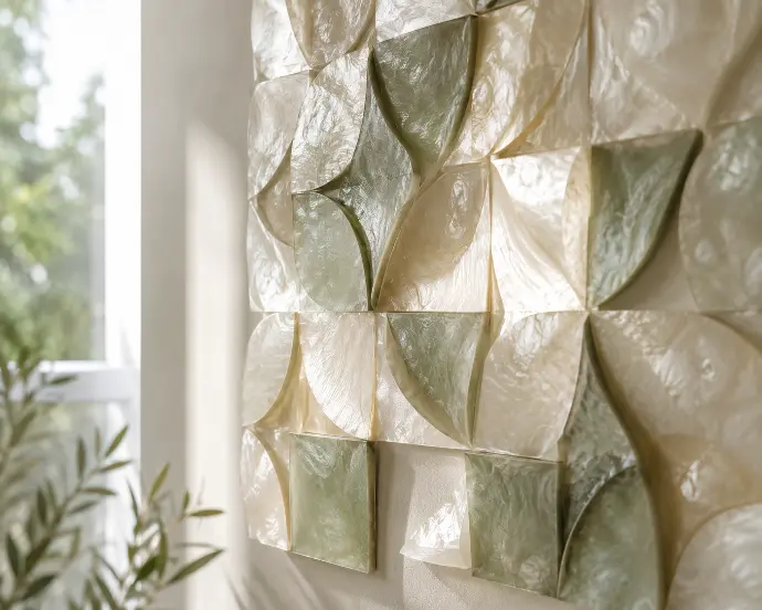 Modern capiz shell wall installation in a Filipino home with translucent mother-of-pearl tiles arranged in an organic geometric pattern, catching natural daylight.