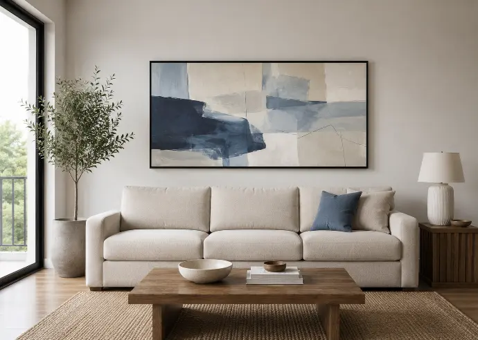 Single large horizontal framed abstract art piece in cool blue and oatmeal tones centered above a beige three-seater sofa in a Filipino condo living room.