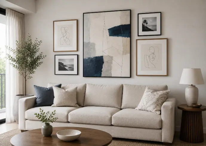 Salon-style gallery wall with five mixed-size framed pieces in cool tones above a neutral three-seater sofa in a modern Filipino condo.