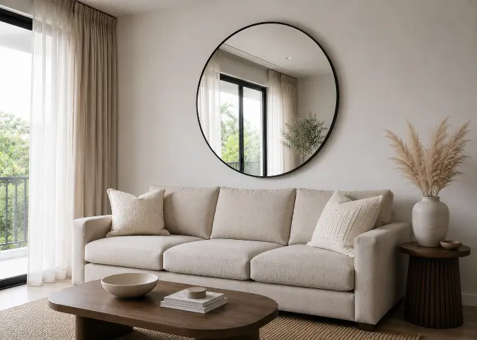 Photograph of a modern Filipino condo living room with a large round black-framed decorative mirror centered above a neutral linen sofa. The mirror reflects soft natural daylight from a balcony door across the room. Two cream throw pillows, a small ceramic vase with dried pampas on a side table. Cool daylight palette, light beige walls, light oak floor. Realistic editorial interior photography. No people, no visible brand logos.