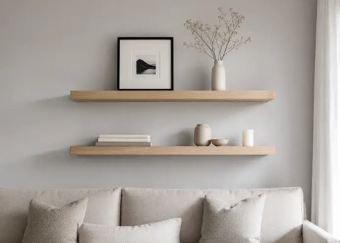 Two parallel light wood floating shelves above a sofa, styled with a framed print, ceramic vase with dried branches, stacked books, ceramic objects, and a candle.