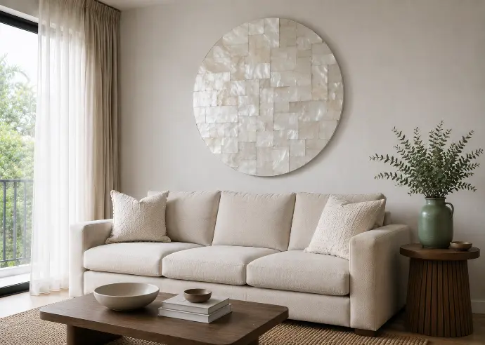 Large round capiz shell wall installation centered above a neutral linen sofa in a modern Filipino condo living room, catching natural daylight.