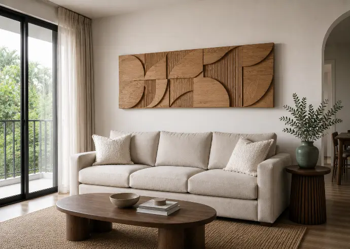 Horizontal sculptural 3D wall art piece in carved natural wood with organic geometric relief patterns, centered above a neutral oatmeal sofa in a Filipino condo.