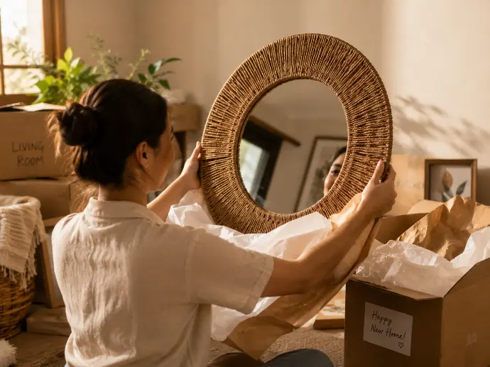A candid photograph of a person unwrapping a decorative wall mirror.