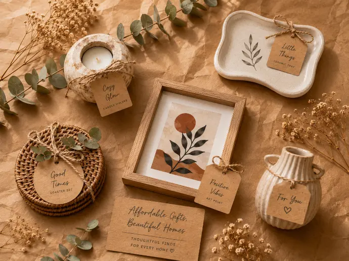 A styled flat lay of affordable décor gift options on a kraft paper background.