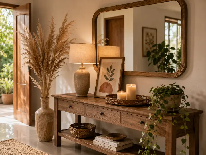 A styled console table shot from a slight side angle to emphasize height variation in the arrangement.