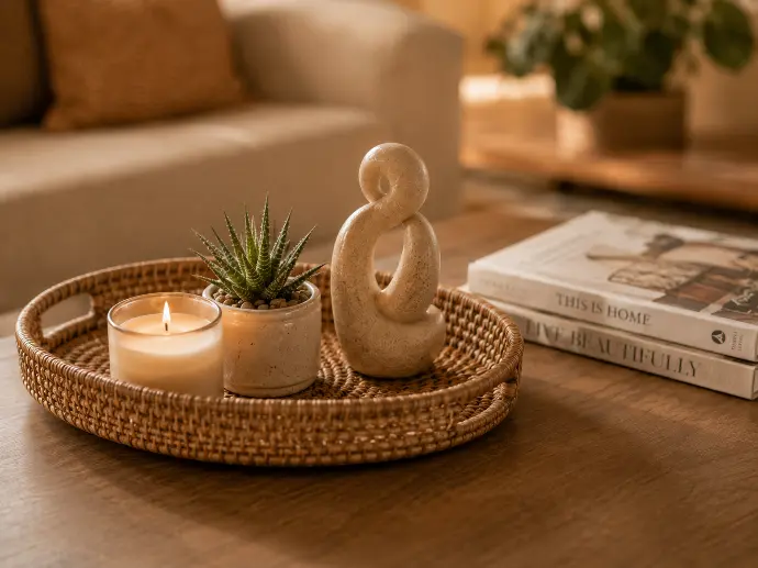 A styled close-up of a decorative tray on a coffee table acting as a grouping anchor.