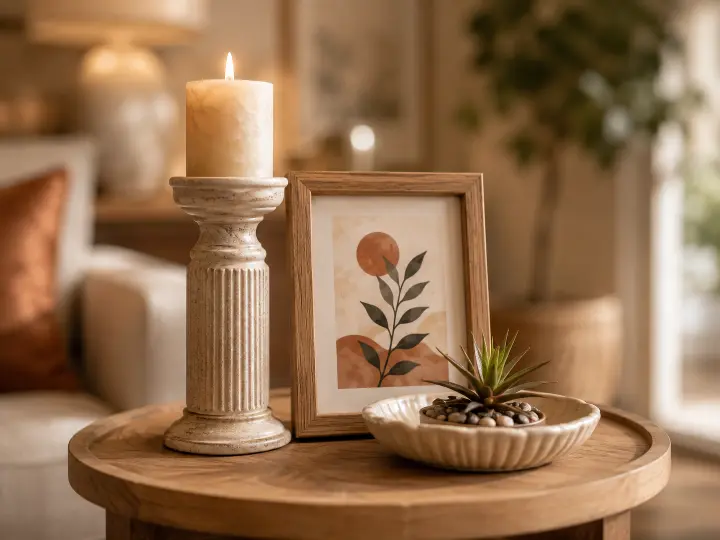 A close-up styled photograph of a side table demonstrating the rule of three.