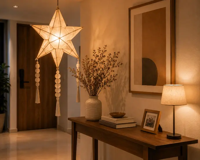 Modern capiz shell parol hanging in a Filipino condo entryway next to a slim wooden console table styled with dried branches, design books, and a framed family photo.
