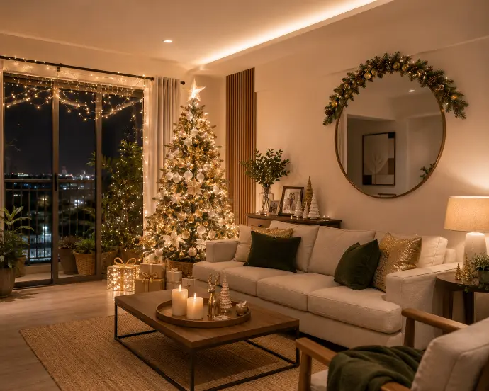 Modern Filipino condo living room in full November Christmas styling with a minimalist white and gold tree, garland-topped decorative mirror above the sofa, framed family photos, and warm string lights.