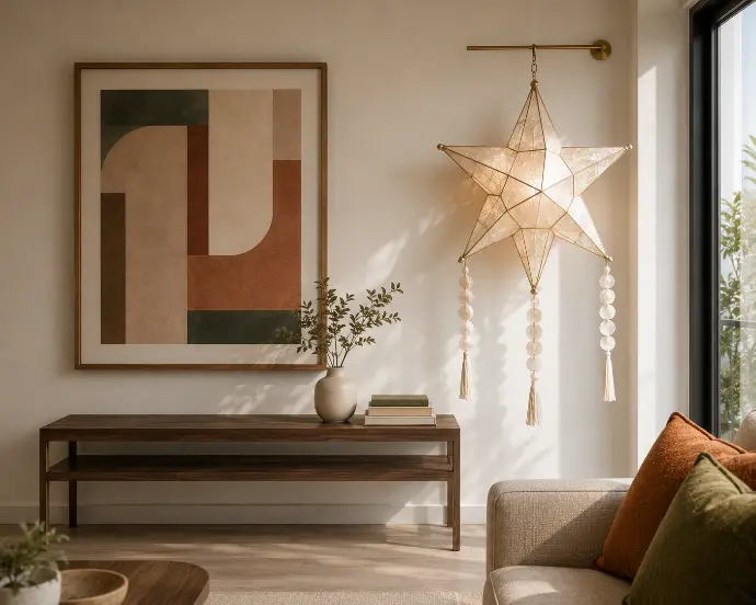 Balance of tradition and modern styling in a Filipino living room with a minimalist framed abstract artwork beside a modern capiz shell parol hanging from a brass rod.