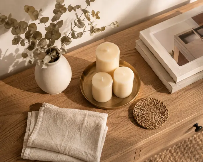 Console table styled with ivory pillar candles on a brass tray, dried eucalyptus in a ceramic vase, stacked design books, abaca coaster, and folded linen napkin for early ber months styling.