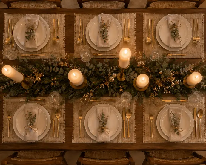 Filipino dining table set for Noche Buena with white plates, gold flatware, natural linen placemats and napkins, ivory pillar candles, and a small evergreen garland with dried eucalyptus.