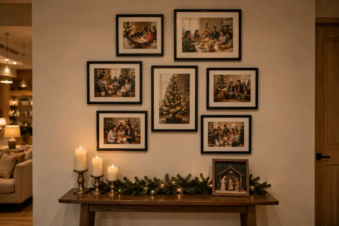 Christmas gallery wall with seven family holiday photos in matte black frames arranged above a wooden console styled with an evergreen garland, ivory candles, and a Nativity artwork.