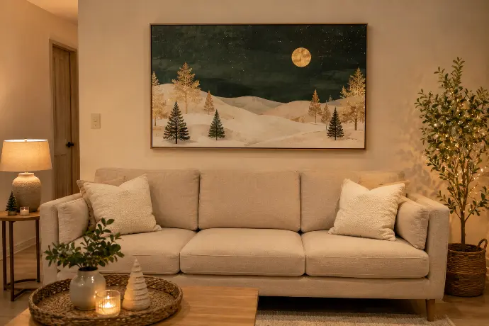 Large framed seasonal artwork in deep evergreen and warm gold tones centered above a neutral oatmeal sofa in a Filipino condo, replacing year-round wall art.