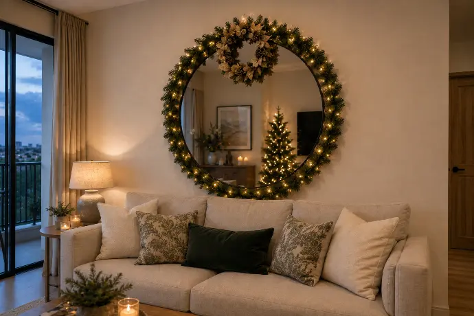 Large round black-framed decorative mirror above a neutral sofa in a Filipino condo, styled for Christmas with an evergreen garland and small wreath at the top.