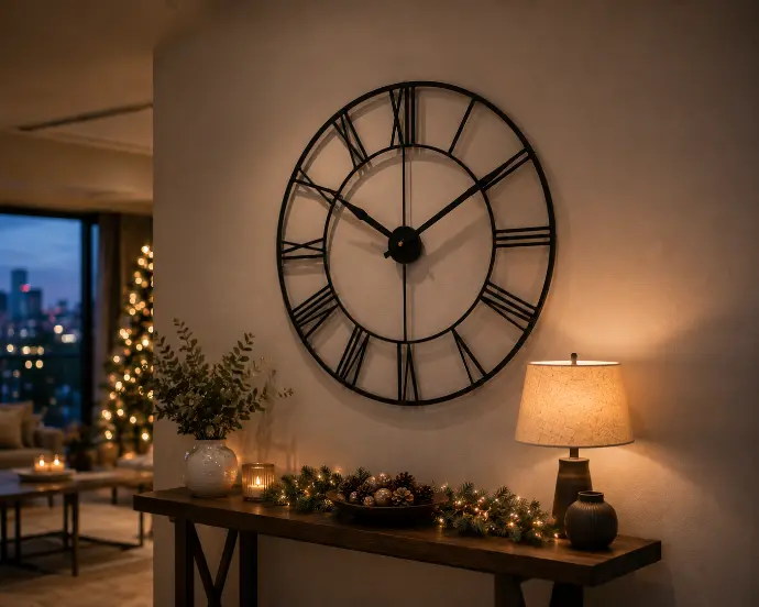 Large minimalist black wall clock styled for Christmas with a small evergreen wreath at the base and fairy-light garland across the top, mounted above a wooden console table.