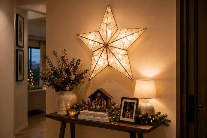 Modern capiz shell parol wall-mounted at eye level above a wooden console table styled with dried branches, design books, and a framed family photo in a Filipino condo entryway.