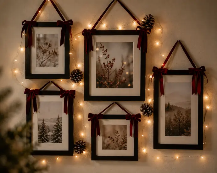 Gallery wall styled for Christmas with red velvet ribbons tied to frame corners, warm fairy lights weaving between frames, and small pinecones tucked in the spaces.