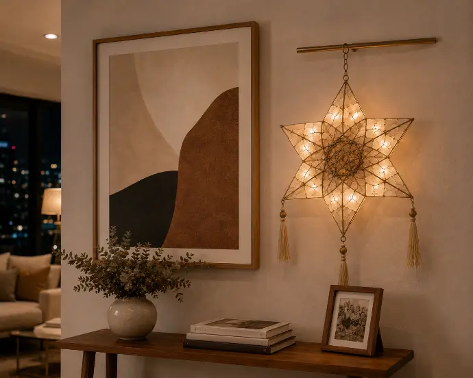 Modern Filipino condo wall with a minimalist earth-tone framed artwork beside a cream capiz parol, above a console table styled with dried eucalyptus and family photo.
