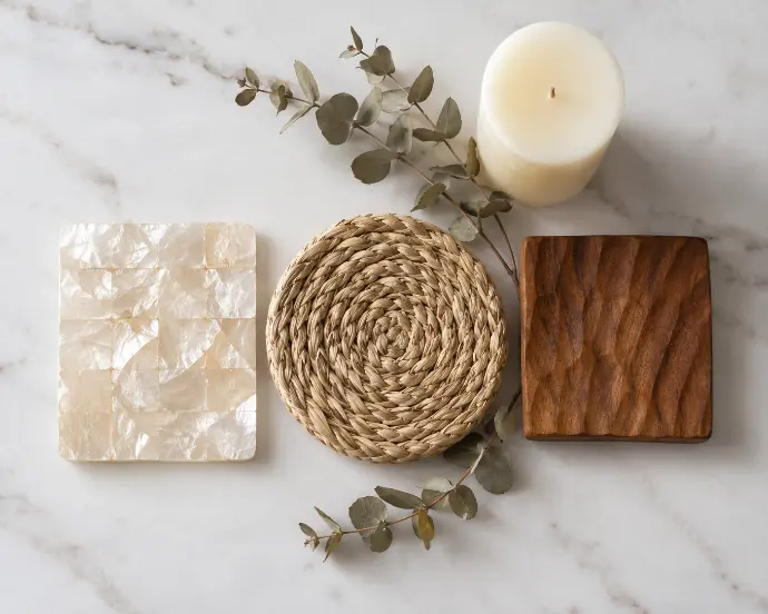 Flat lay of three Filipino craft material samples for modern Christmas decor: cream capiz shell, natural tan woven abaca coaster, and warm narra hardwood block with a candle and dried eucalyptus