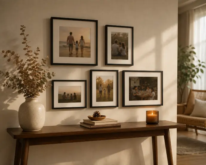 Slim wooden console table styled with five matte black picture frames displaying family photos, a ceramic vase with dried pampas grass, and a lit amber candle.