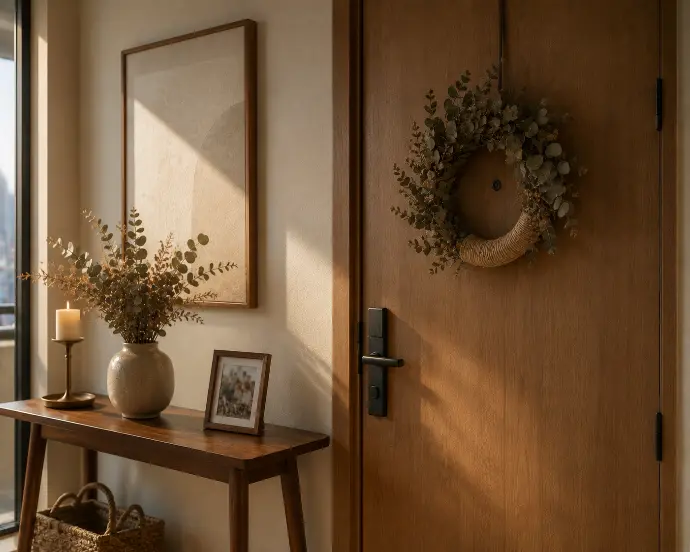 Modern Filipino condo entryway with a small dried eucalyptus and abaca wreath on a wooden door beside a console styled with a candle, dried arrangement, and framed family photo.