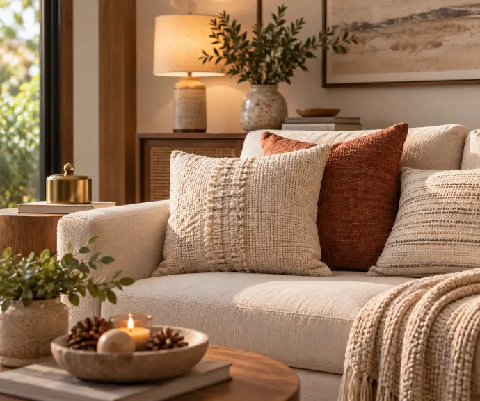 Neutral holiday décor layer with warm metallic accents and textured throw pillows.