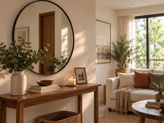 A round mirror mounted perpendicular to a window to spread daylight in a Filipino home.