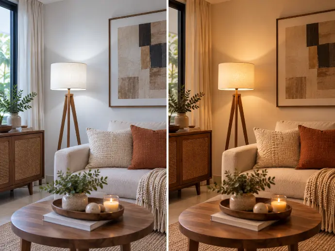Side-by-side comparison of warm white and cool white lighting in a living room.